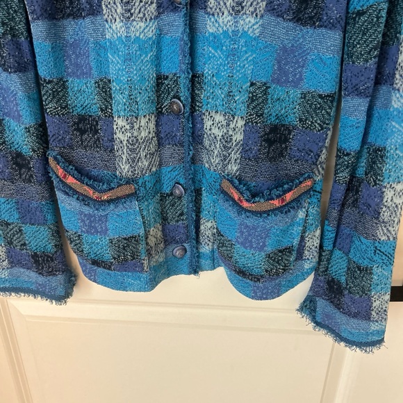 Aldo Martins Blue Patchwork Plaid Shirt Knit Cardigan Fringe Pockets Sz 6 Artsy - Picture 3 of 7